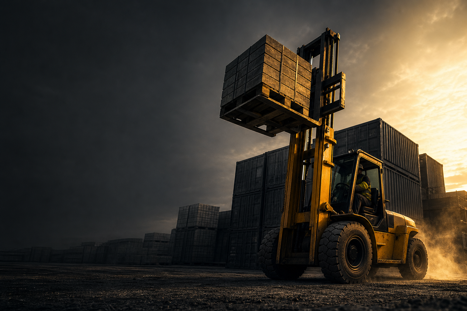 A forklift lifting a heavy load on a Bay Area jobsite at golden hour