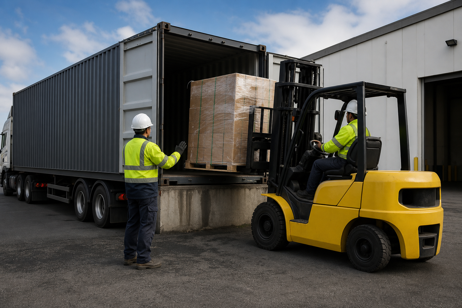 Forklift unloading a shipping container