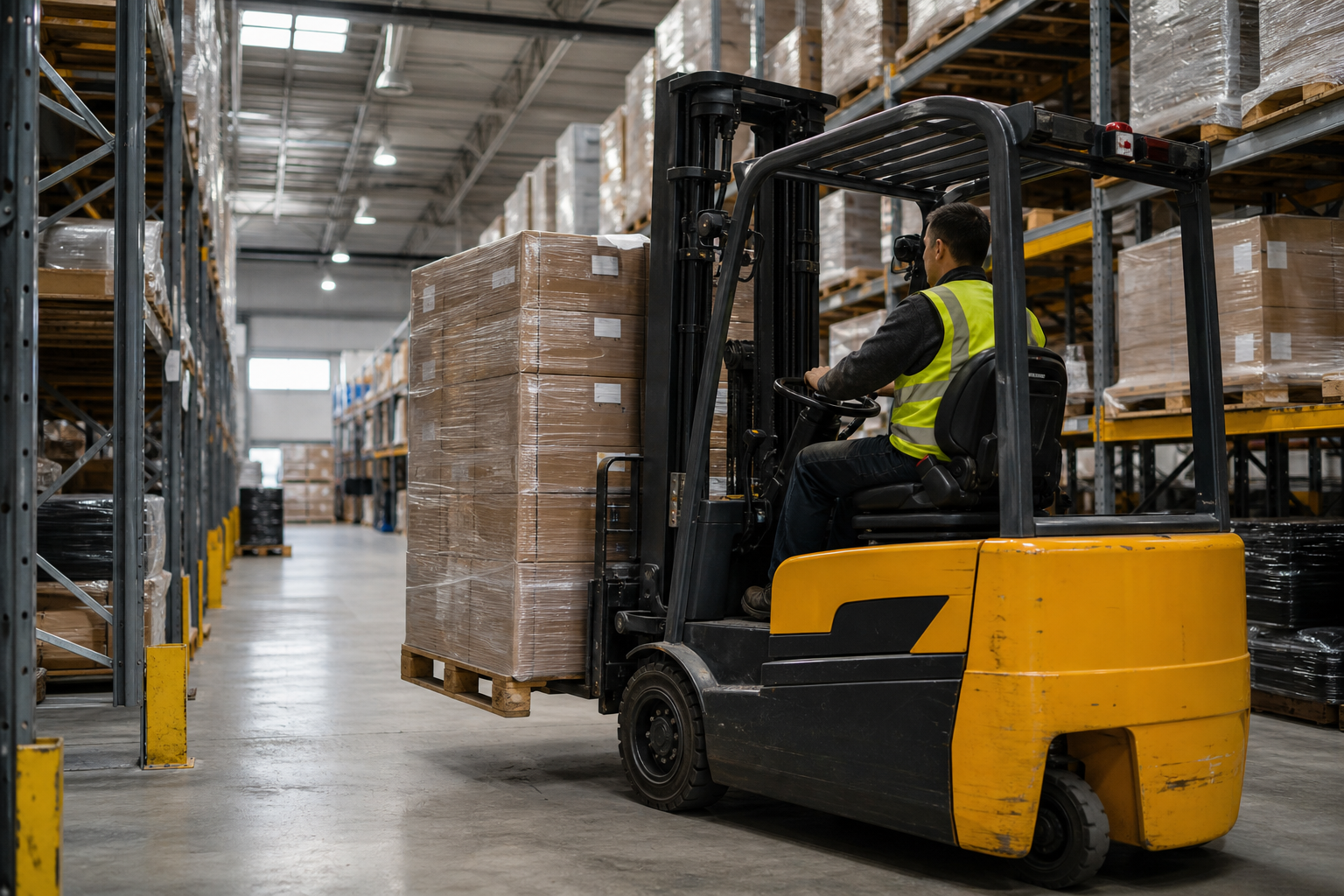 Forklift handling pallets inside a Bay Area warehouse
