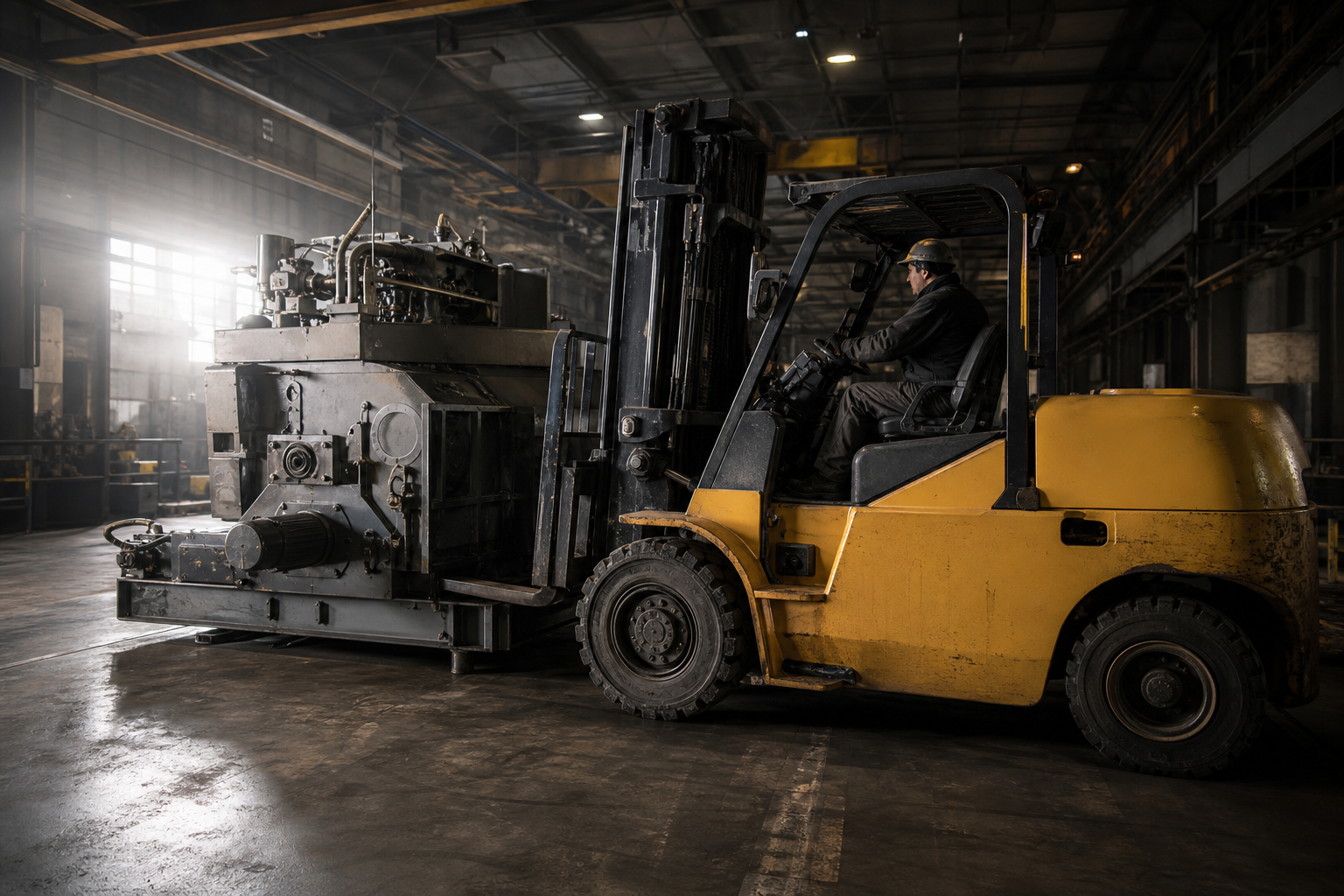 Forklift moving heavy machinery at a jobsite
